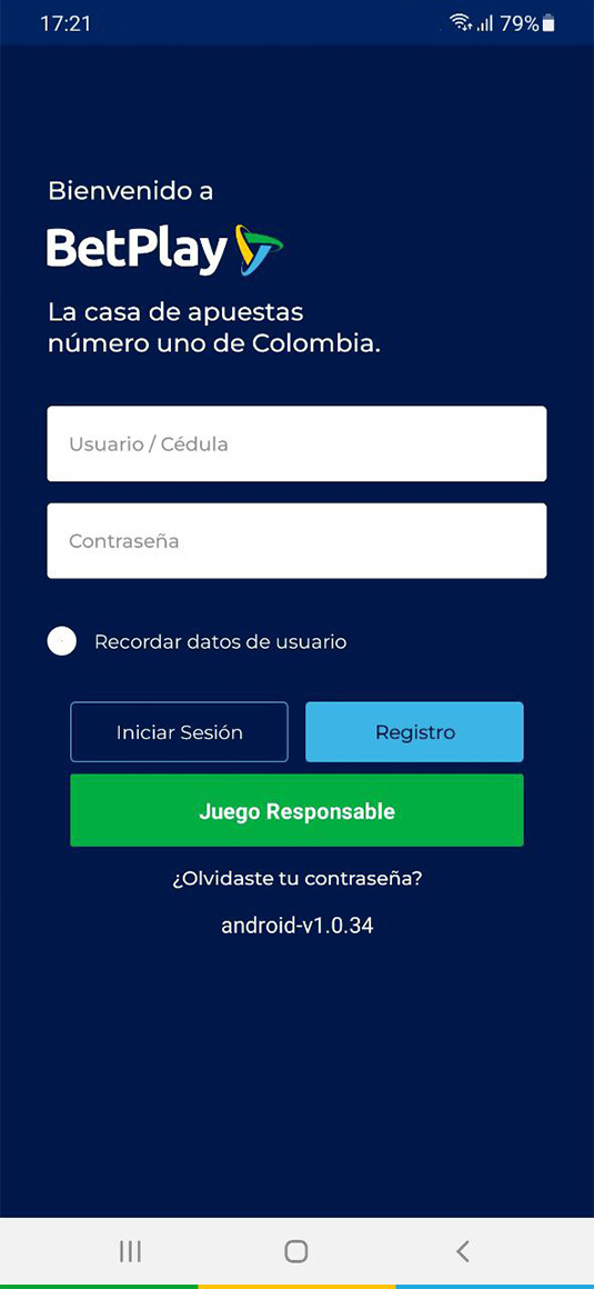Captura de pantalla de la aplicación móvil de Betplay Colombia