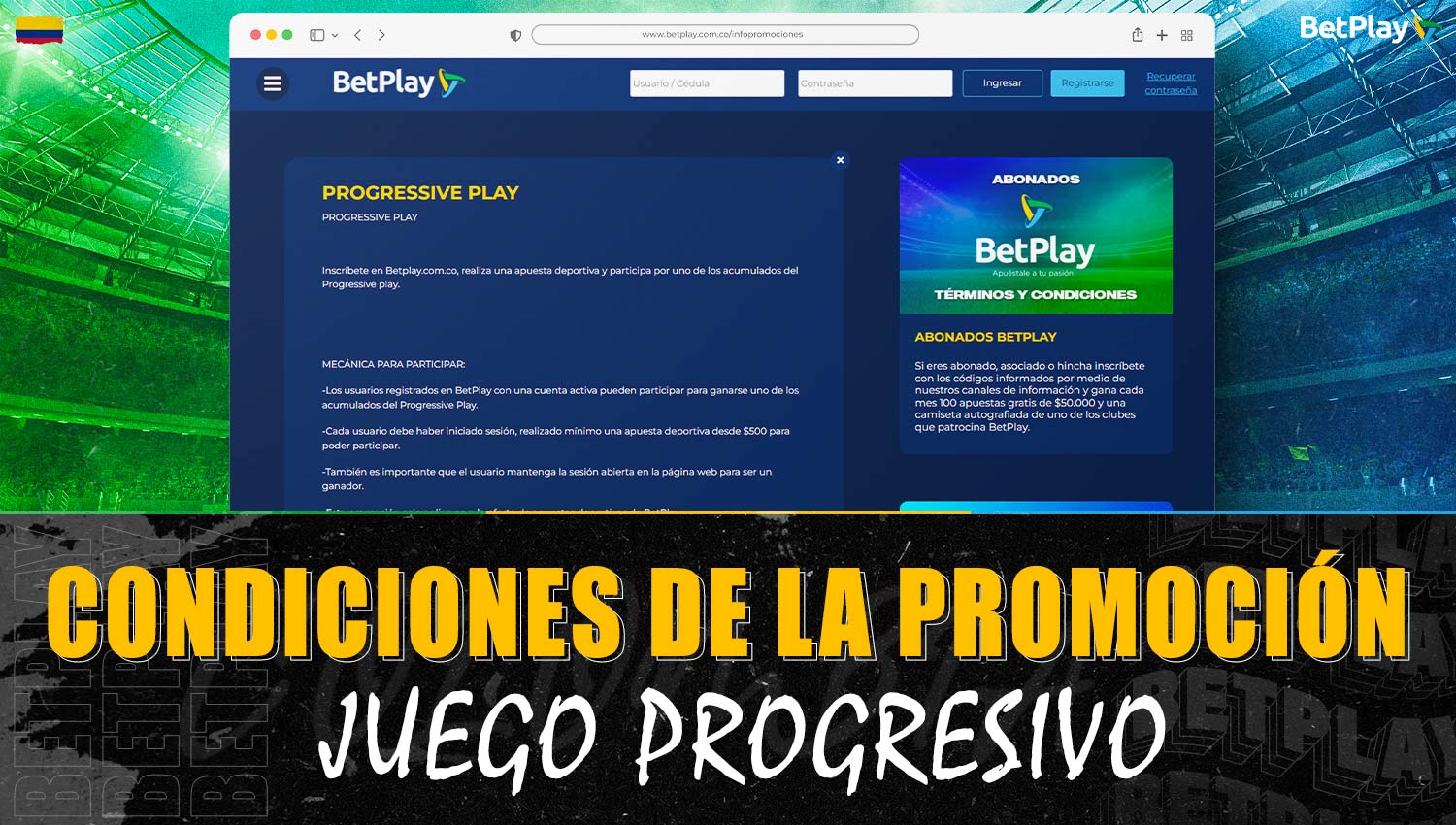 Descripción de las condiciones de la promoción "Juego progresivo" Betplay Colombia