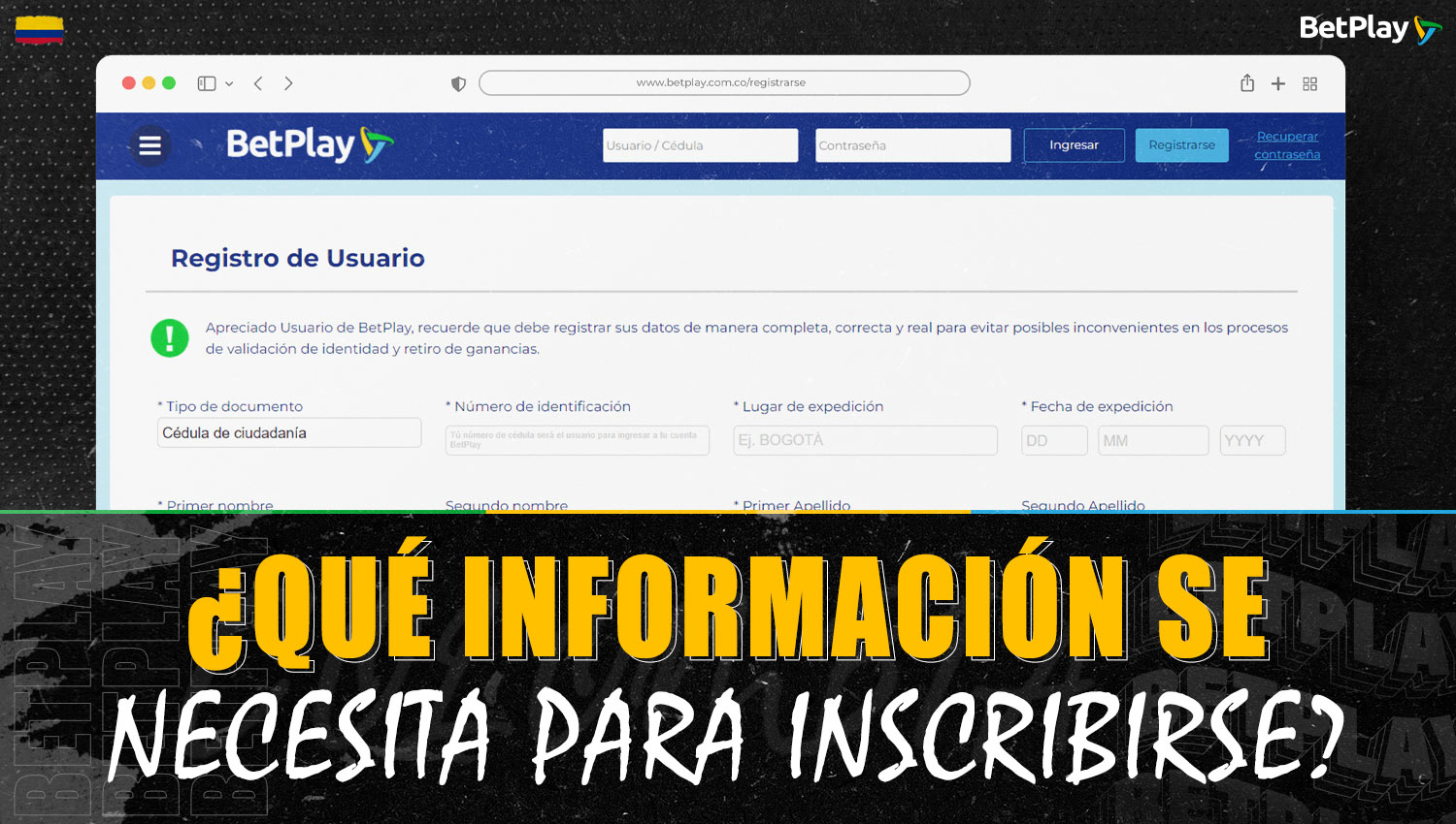 Datos necesarios para registrarse en Betplay Colombia